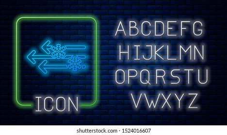 Glowing neon Wind and snow icon isolated on brick wall background. Windy weather. Neon light alphabet. Vector Illustration