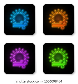 Glowing neon Wind and sun icon isolated on white background. Windy weather. Black square button. Vector Illustration