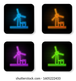 Glowing neon Wind turbine icon isolated on white background. Wind generator sign. Windmill for electric power production. Black square button. Vector Illustration