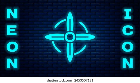 Glowing neon Wind turbine icon isolated on brick wall background. Wind generator sign. Windmill for electric power production.  Vector