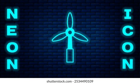 Glowing neon Wind turbine icon isolated on brick wall background. Wind generator sign. Windmill for electric power production.  Vector