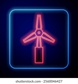 Glowing neon Wind turbine icon isolated on black background. Wind generator sign. Windmill for electric power production.  Vector