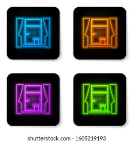 Glowing neon Window with curtains in the room icon isolated on white background. Black square button. Vector Illustration