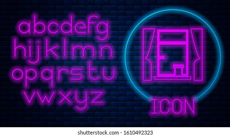 Glowing neon Window with curtains in the room icon isolated on brick wall background. Neon light alphabet. Vector Illustration