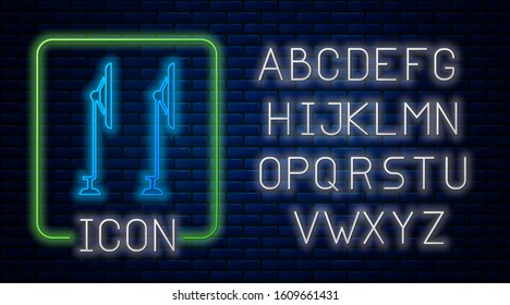 Glowing neon Windscreen wiper icon isolated on brick wall background. Neon light alphabet. Vector Illustration