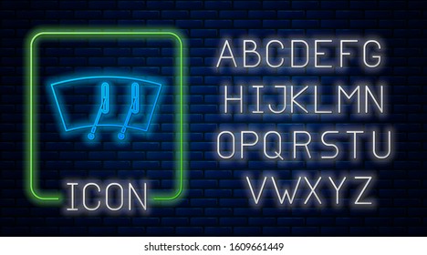 Glowing neon Windscreen wiper icon isolated on brick wall background. Neon light alphabet. Vector Illustration