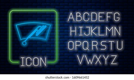 Glowing neon Windscreen wiper icon isolated on brick wall background. Neon light alphabet. Vector Illustration