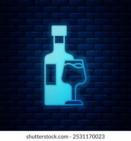 Glowing neon Wine bottle with glass icon isolated on brick wall background.  Vector