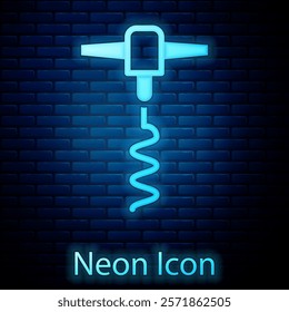 Glowing neon Wine corkscrew icon isolated on brick wall background.  Vector