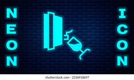 Glowing neon Wine tasting, degustation icon isolated on brick wall background. Wooden barrel for wine with glass.  Vector