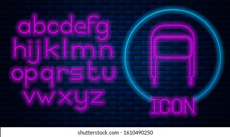Glowing neon Winter hat with ear flaps icon isolated on brick wall background. Neon light alphabet. Vector Illustration