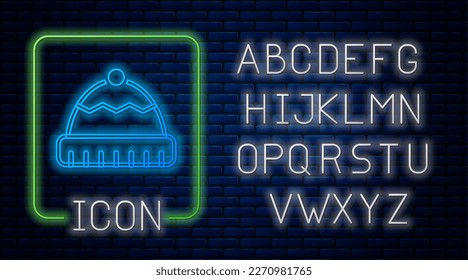 Glowing neon Winter hat icon isolated on brick wall background. Neon light alphabet. Vector