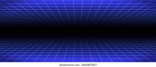 Glowing neon wireframe background. Blue shining checkered grid planes in perspective. Bright retro futuristic horizon wallpaper. Arcade game sci fi matrix surface. Vector backdrop for poster, banner