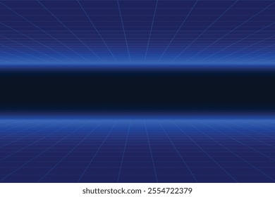 Glowing neon wireframe background. Blue shining checkered grid planes in perspective. Bright retro futuristic horizon wallpaper. Arcade game sci fi matrix surface. 