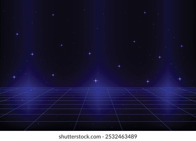 Glowing neon wireframe background. dark blue shining checkered grid planes in perspective. Bright retro futuristic horizon wallpaper. Arcade game sci fi matrix surface.