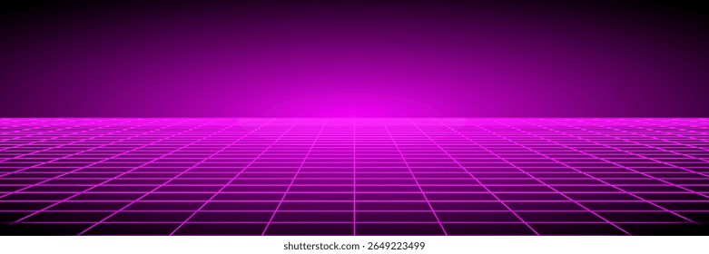Glowing neon wireframe background. Pink shining checkered grid planes in perspective. Bright retro futuristic horizon wallpaper. Arcade game sci fi matrix surface. Vector backdrop for poster, banner