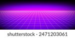 Glowing neon wireframe background. Purple shining checkered grid planes in perspective. Bright retro futuristic horizon wallpaper. Arcade game sci fi matrix surface. Vector backdrop for poster, banner