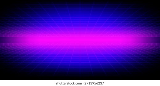 Glühender Neondrahtrahmen-Hintergrund. Violett leuchtende, karierte Gitterebenen in der Perspektive. Helle Retro futuristischen Horizont Tapete. Arcade-Spiel sci fi matrix Oberfläche. Vektorhintergrund für Poster, Banner