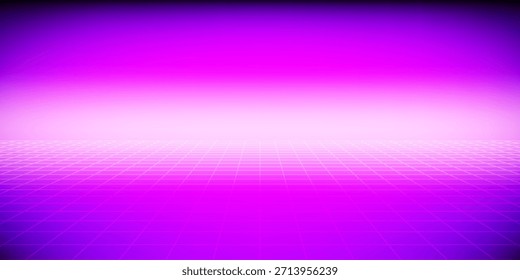 Glühender Neondrahtrahmen-Hintergrund. Violett leuchtende, karierte Gitterebenen in der Perspektive. Helle Retro futuristischen Horizont Tapete. Arcade-Spiel sci fi matrix Oberfläche. Vektorhintergrund für Poster, Banner