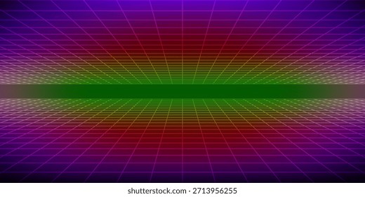Glühender Neondrahtrahmen-Hintergrund. Violett leuchtende, karierte Gitterebenen in der Perspektive. Helle Retro futuristischen Horizont Tapete. Arcade-Spiel sci fi matrix Oberfläche. Vektorhintergrund für Poster, Banner