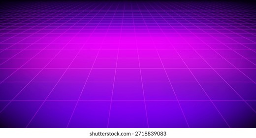 Fondo de alambre de neón brillante. Planos de cuadrícula a cuadros brillantes púrpuras en perspectiva. Brillante Fondo de pantalla de horizonte futurista retro. Arcade juego de ciencia ficción matriz de superficie. Fondo de Vector para cartel, Anuncio