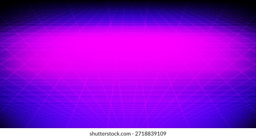 Fondo de alambre de neón brillante. Planos de cuadrícula a cuadros brillantes púrpuras en perspectiva. Brillante Fondo de pantalla de horizonte futurista retro. Arcade juego de ciencia ficción matriz de superficie. Fondo de Vector para cartel, Anuncio