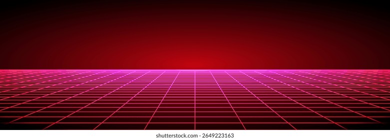 Fondo de alambre de neón brillante. Planos de cuadrícula a cuadros brillantes en perspectiva. Brillante Fondo de pantalla de horizonte futurista retro. Arcade juego de ciencia ficción matriz de superficie. Fondo de Vector para cartel, Anuncio