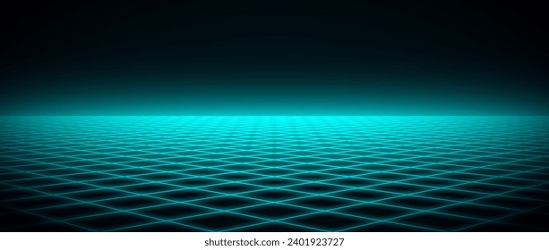 Leuchtender Neon-Wireframe-Hintergrund. Hellgrüner, blauer Gitterboden in Perspektive. Helles Retro-futuristisches Tapete. Abstrakte, karierte Landschaft. Game Cyber-Oberfläche. Vektorhintergrund