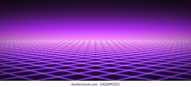 Glowing neon wireframe horizon background. Light purple grid room floor in perspective. Bright violet retro futuristic wallpaper. Abstract checkered plane landscape. Game surface. Vector backdrop