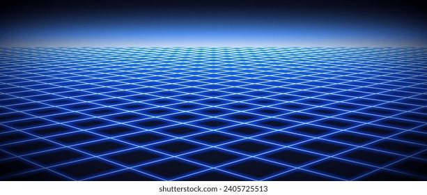 Leuchtender Neon-Wireframe-Hintergrund. Der hellblaue Gitterraum ist perspektivisch. Helles Retro-futuristisches Tapete. Abstrakte, karierte Landschaft. Game-Draht-Rahmenfläche. Vektorhintergrund