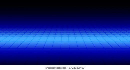 Fondo brillante del horizonte del marco de alambre de neón. Suelo de la habitación de rejilla azul en perspectiva. Fondo de pantalla futurista retro brillante. Abstractas paisaje plano a cuadros. Superficie cibernética del juego. telón de fondo del Vector