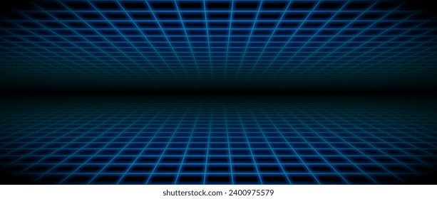 Fondo de la habitación de neón brillante. Cuadrícula azul en el suelo y techo en perspectiva. Papel de pared futurista retro brillante. Resumen del paisaje del avión a cuadros. Superficie del horizonte de juego. Fondo del vector