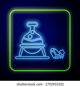 Glowing neon Witch cauldron and magic stone icon isolated on blue background.  Vector Illustration