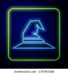 Glowing neon Witch hat icon isolated on blue background. Happy Halloween party.  Vector Illustration