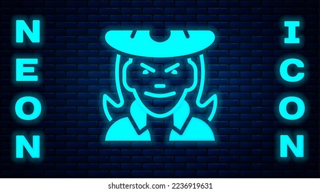 Glowing neon Witch icon isolated on brick wall background. Happy Halloween party.  Vector