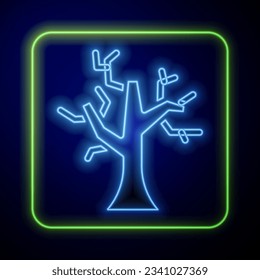Glowing neon Withered tree icon isolated on blue background. Bare tree. Dead tree silhouette.  Vector
