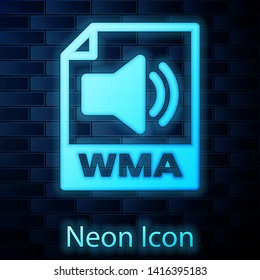 Glowing neon WMA file document icon. Download wma button icon isolated on brick wall background. WMA file symbol. Wma music format sign. Vector Illustration