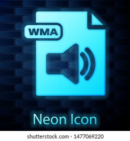 Glowing neon WMA file document. Download wma button icon isolated on brick wall background. WMA file symbol. Wma music format sign.  Vector Illustration