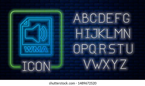 Glowing neon WMA file document. Download wma button icon isolated on brick wall background. WMA file symbol. Wma music format sign. Neon light alphabet. Vector Illustration