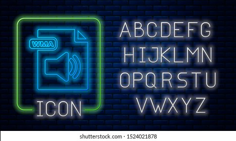 Glowing neon WMA file document. Download wma button icon isolated on brick wall background. WMA file symbol. Wma music format sign. Neon light alphabet. Vector Illustration