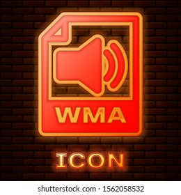 Glowing neon WMA file document. Download wma button icon isolated on brick wall background. WMA file symbol. Wma music format sign.  Vector Illustration