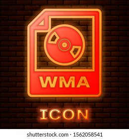Glowing neon WMA file document. Download wma button icon isolated on brick wall background. WMA file symbol. Wma music format sign.  Vector Illustration