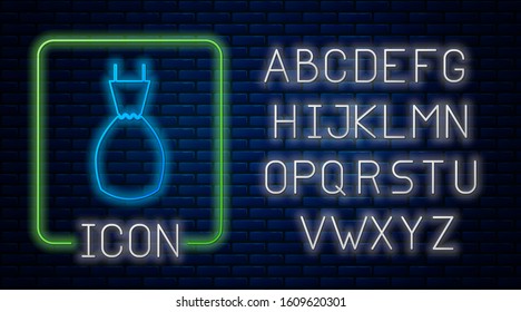Glowing neon Woman dress icon isolated on brick wall background. Clothes sign. Neon light alphabet. Vector Illustration