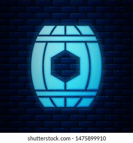 Glowing neon Wooden barrel with honey icon isolated on brick wall background.  Vector Illustration