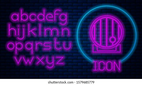 Glowing neon Wooden barrel icon isolated on brick wall background. Alcohol barrel, drink container, wooden keg for beer, whiskey, wine. Neon light alphabet. Vector Illustration