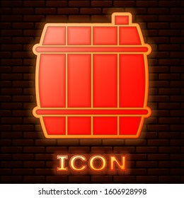 Glowing neon Wooden barrel icon isolated on brick wall background. Alcohol barrel, drink container, wooden keg for beer, whiskey, wine.  Vector Illustration