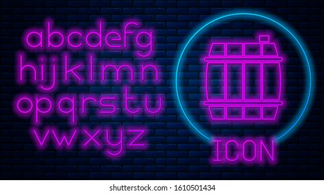 Glowing neon Wooden barrel icon isolated on brick wall background. Alcohol barrel, drink container, wooden keg for beer, whiskey, wine. Neon light alphabet. Vector Illustration