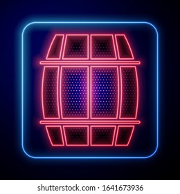Glowing neon Wooden barrel icon isolated on blue background. Alcohol barrel, drink container, wooden keg for beer, whiskey, wine.  Vector Illustration
