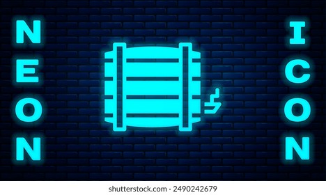 Glowing neon Wooden barrel icon isolated on brick wall background. Alcohol barrel, drink container, wooden keg for beer, whiskey, wine.  Vector