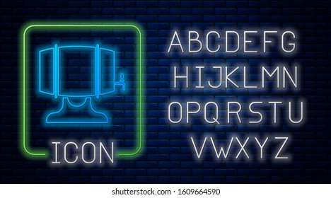 Glowing neon Wooden barrel on rack with stopcock icon isolated on brick wall background. Neon light alphabet. Vector Illustration